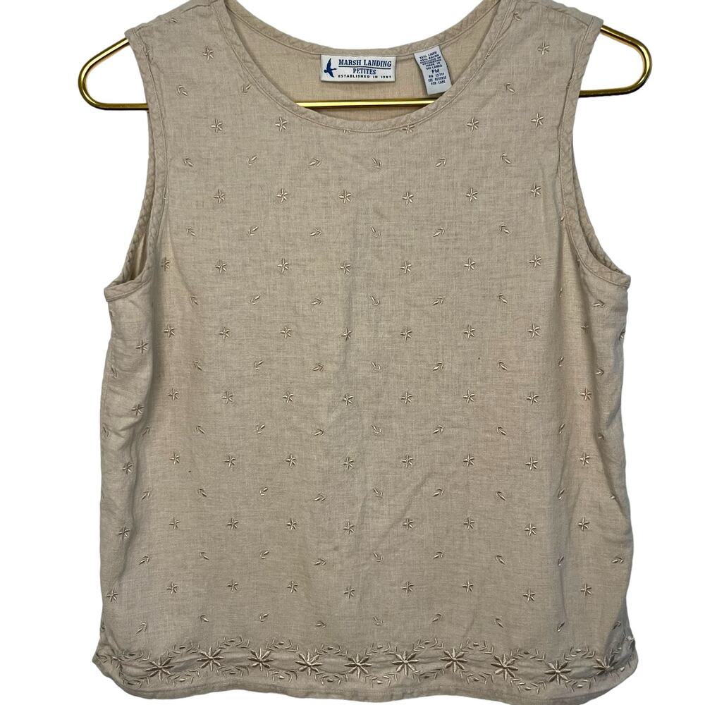 Vintage Marsh Landing Sleeveless Shirt Linen Beige Stars Boho Size S/M